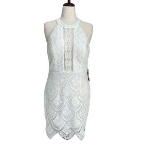 NWT Jodi Kristopher VTG White Halter Lace Sheath Bodycon Mini Dress Wedding Sz15